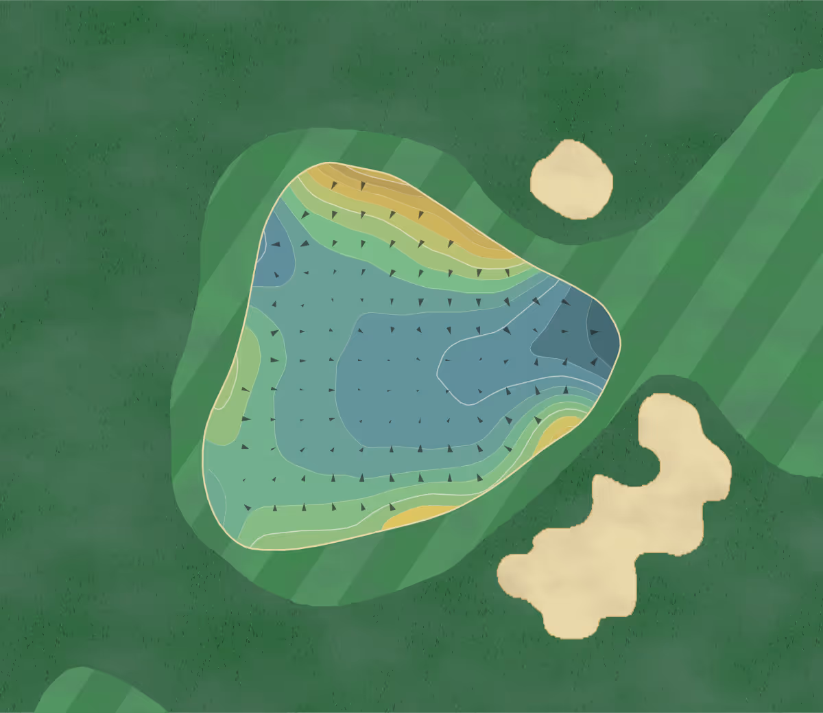 Green contour map of Woking GC in Woking, England — 242 elevation contours at a 8-centimeter interval with fall-line arrows, traced from 1-meter lidar