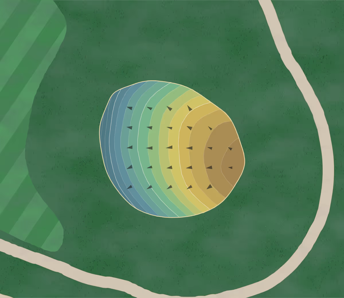 Green contour map of Wolf Creek Golf Links in Colorado City, Texas — 46 elevation contours at a 3-inch interval with fall-line arrows, traced from 1-meter lidar