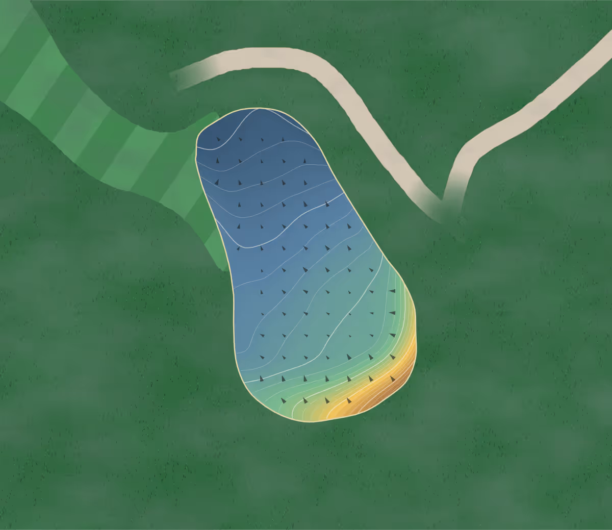 Green contour map of Wolf Run in Port Perry, Canada — 193 elevation contours at a 8-centimeter interval with fall-line arrows, traced from 1-meter lidar