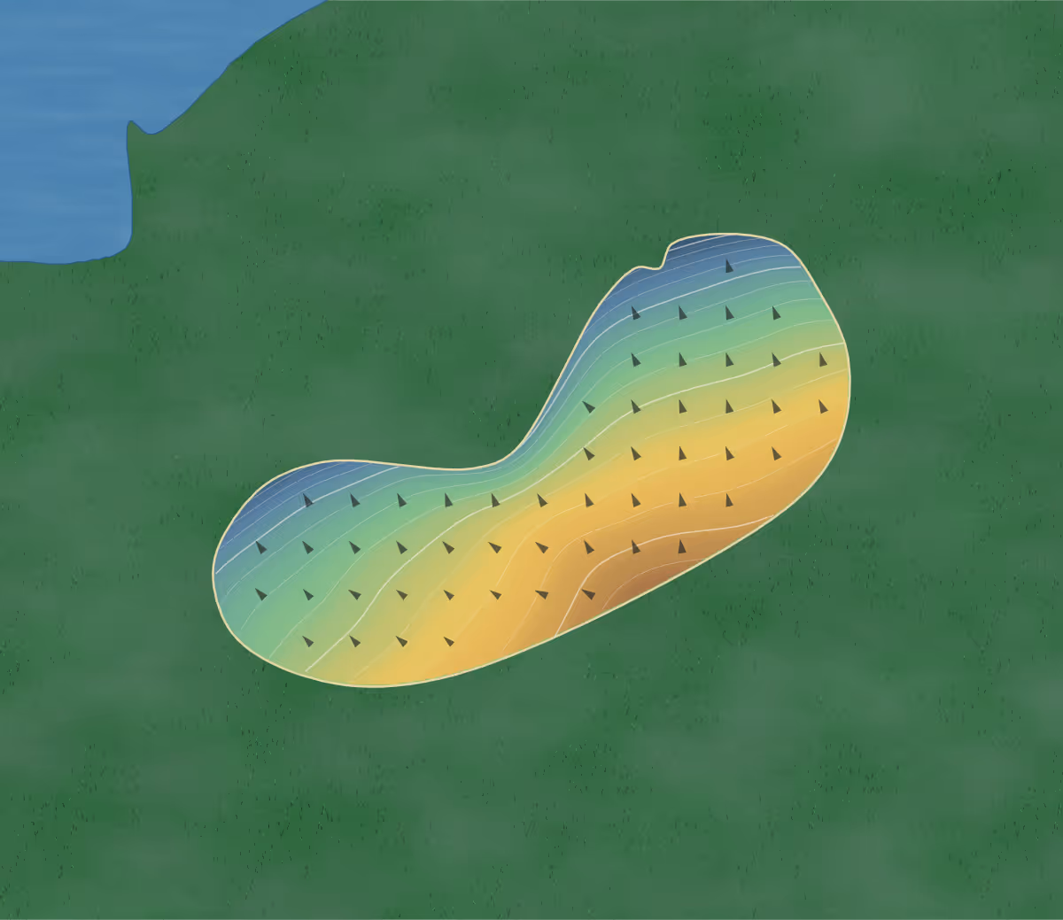 Green contour map of Wolves Crossing in Jerseyville, Illinois: 89 elevation contours at a 3-inch interval with fall-line arrows, traced from 1-meter lidar