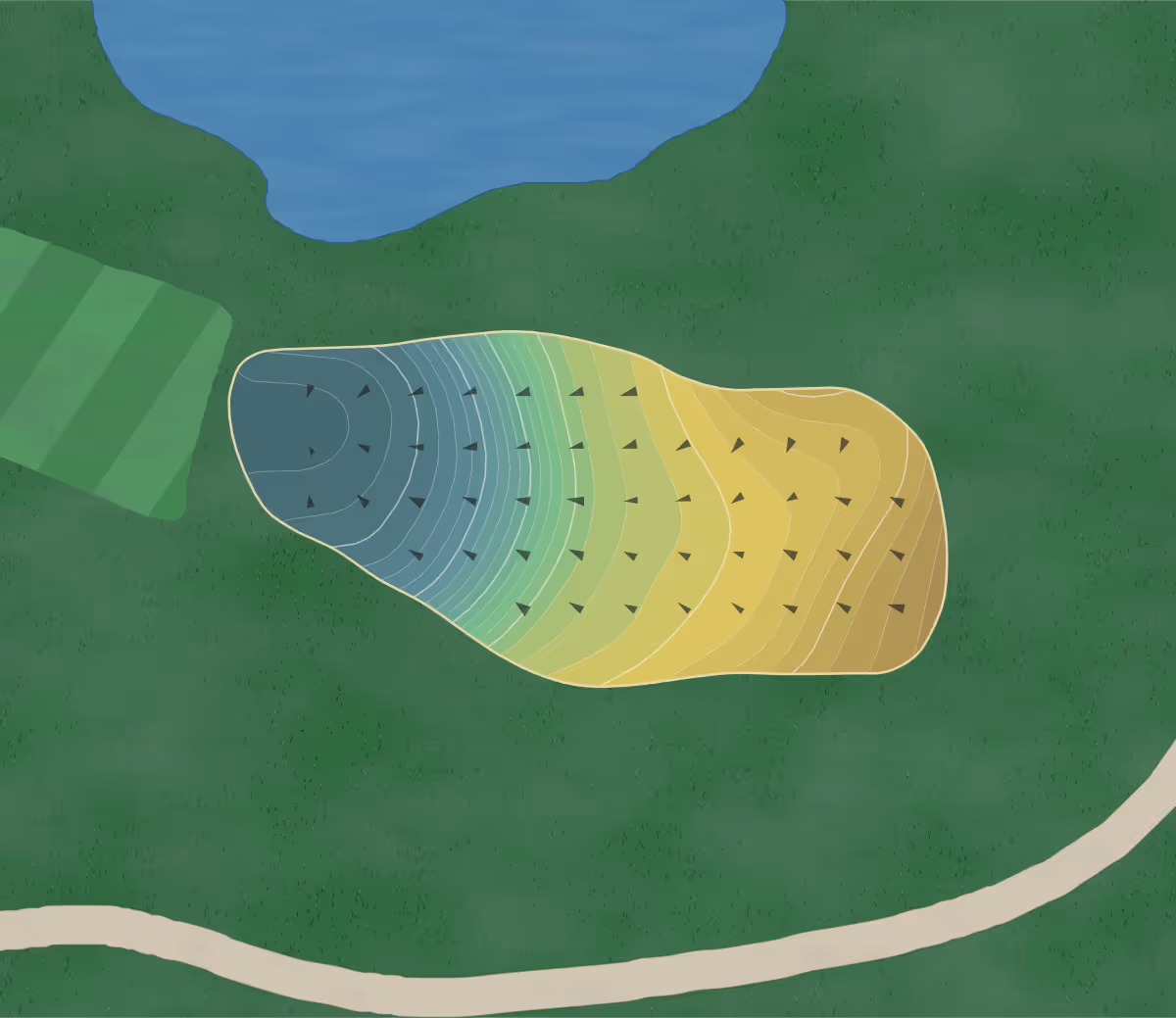Green contour map of Wood Ranch in Simi Valley, California — 211 elevation contours at a 3-inch interval with fall-line arrows, traced from 1-meter lidar