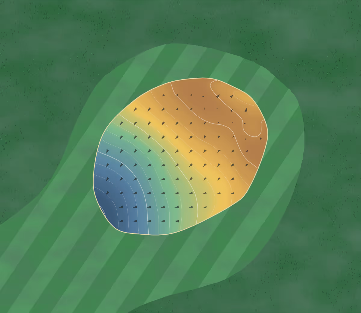 Green contour map of Forest Course in Woodbridge, England — 108 elevation contours at a 8-centimeter interval with fall-line arrows, traced from 1-meter lidar