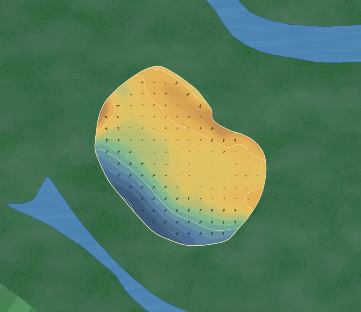 Green contour map of Brinkworth in Chippenham, United Kingdom — 171 elevation contours at a 8-centimeter interval with fall-line arrows, traced from 1-meter lidar