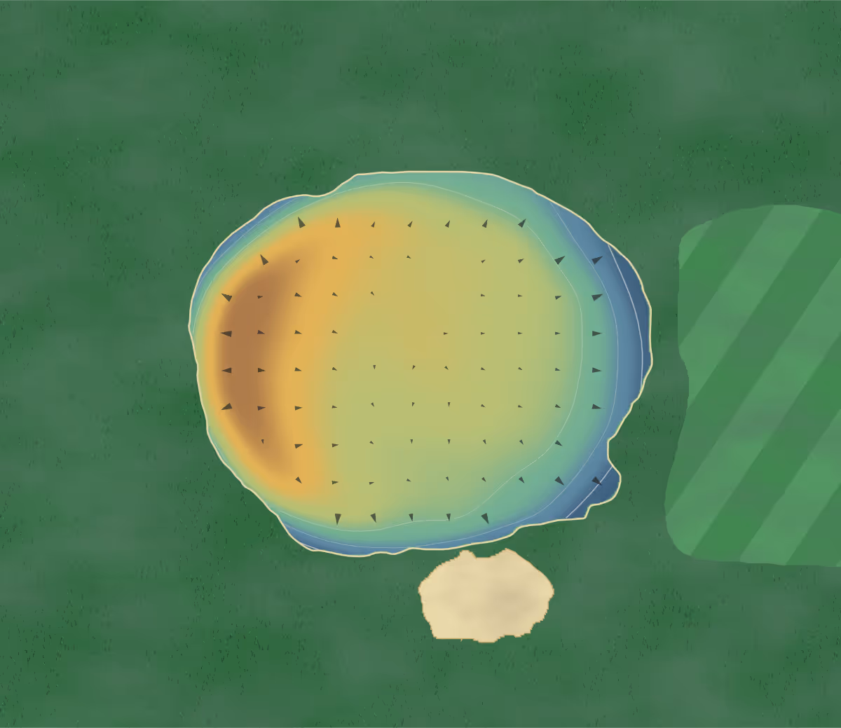 Green contour map of Woodbury in Woodbury, Indiana — 43 elevation contours at a 3-inch interval with fall-line arrows, traced from 1-meter lidar