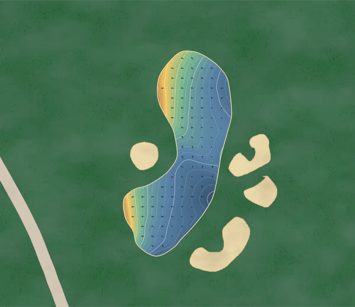 Green contour map of Wooden Sticks in Uxbridge, Canada — 288 elevation contours at a 8-centimeter interval with fall-line arrows, traced from 1-meter lidar