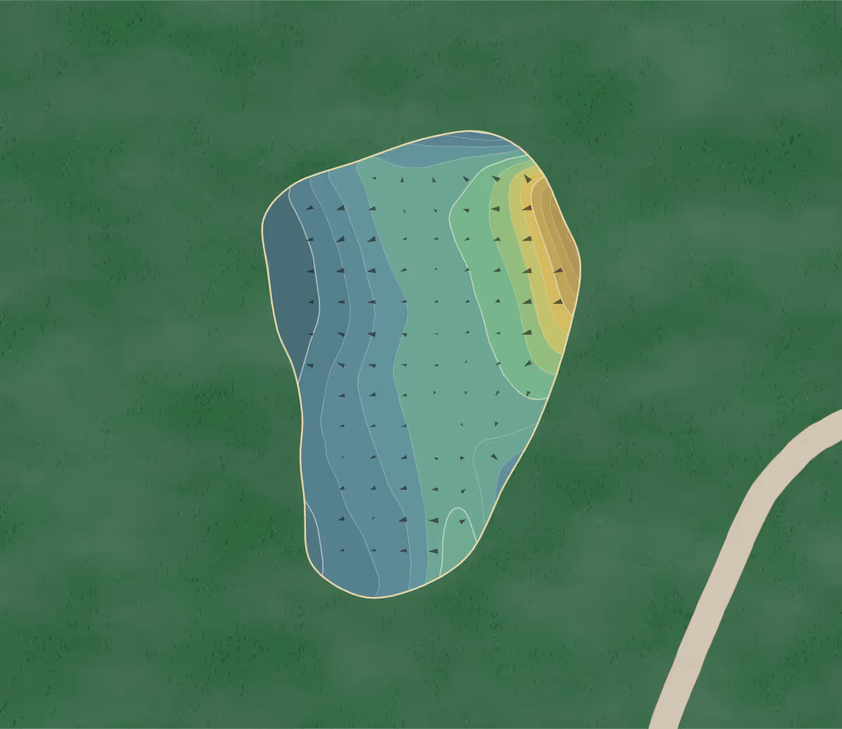 Green contour map of Woodforest in Montgomery, Texas — 63 elevation contours at a 3-inch interval with fall-line arrows, traced from 1-meter lidar