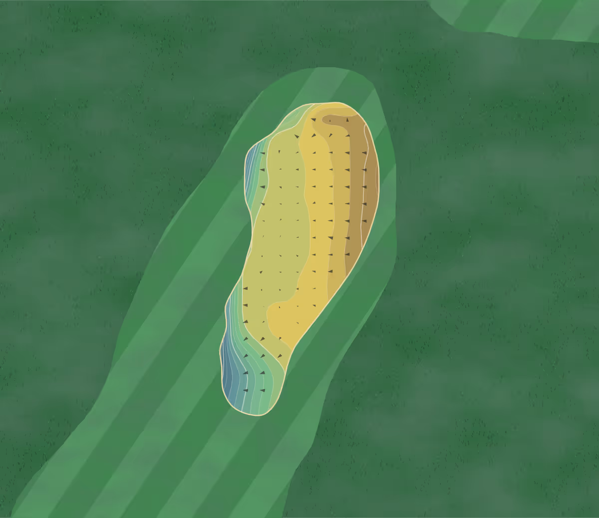 Green contour map of Woodhall Hills in Pudsey, England — 235 elevation contours at a 8-centimeter interval with fall-line arrows, traced from 1-meter lidar
