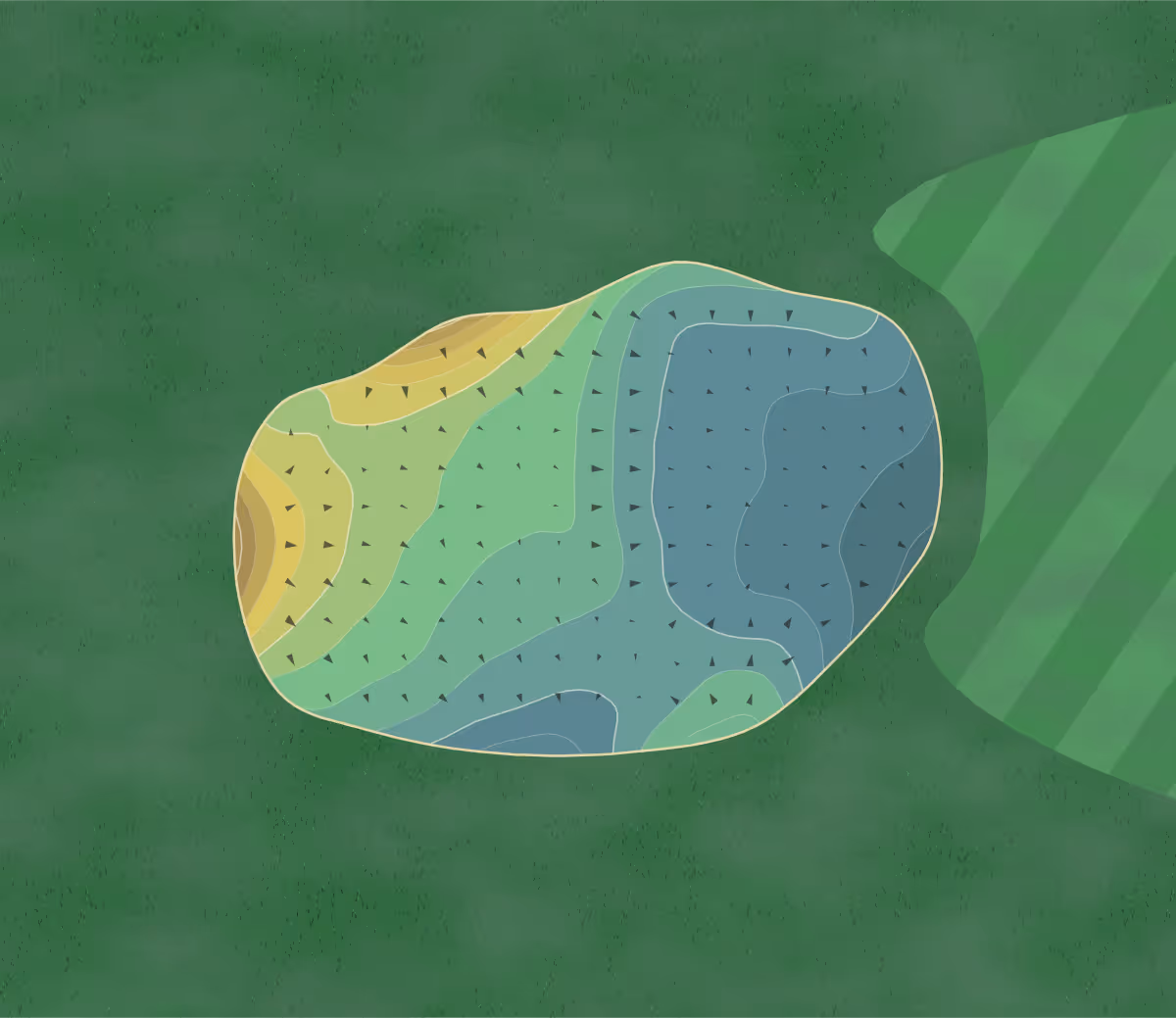 Green contour map of Woodham Golf in Newton Aycliffe, England — 214 elevation contours at a 8-centimeter interval with fall-line arrows, traced from 1-meter lidar