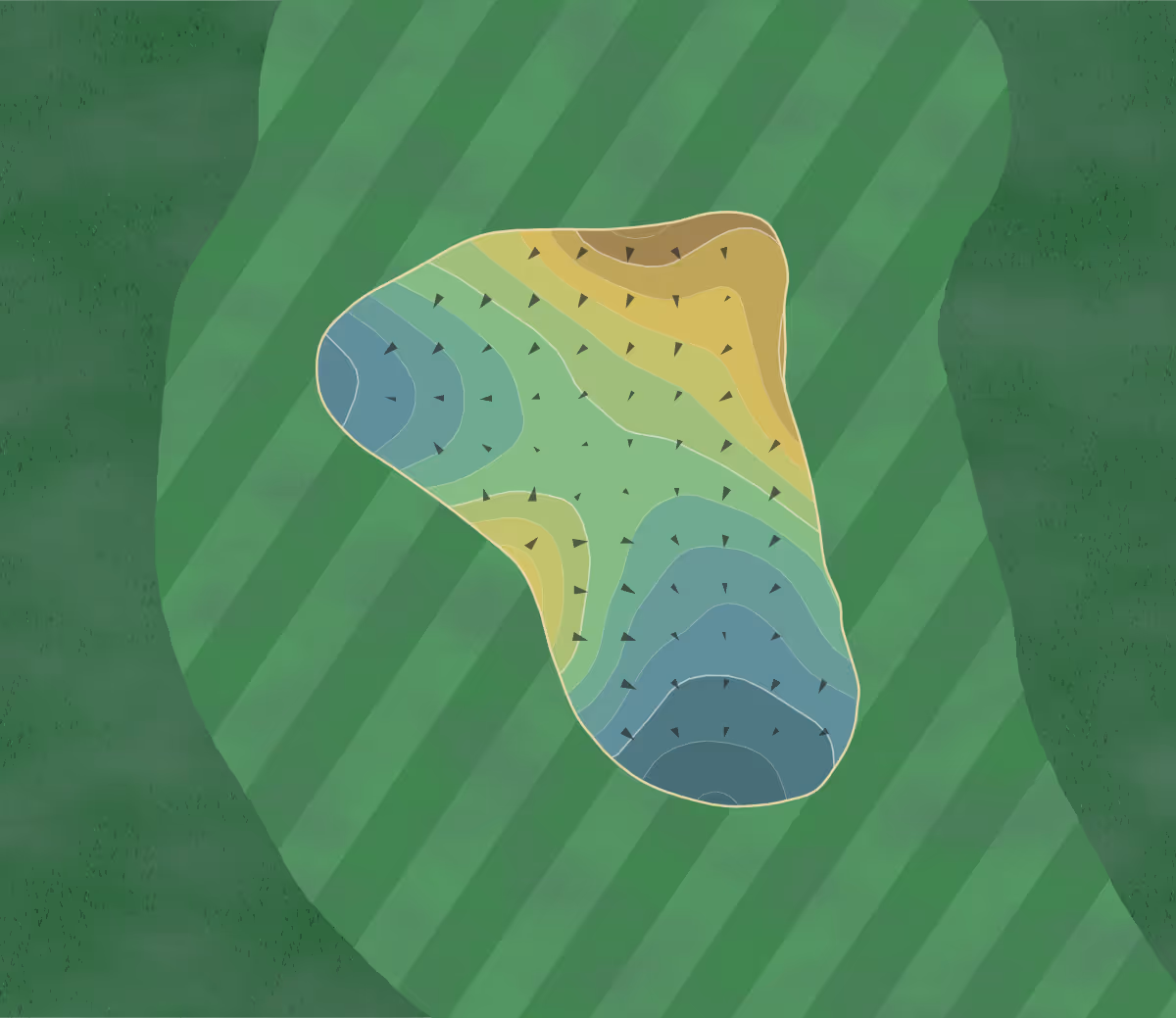 Green contour map of Woodlake Lodge, Golf in Tazewell, Tennessee — 172 elevation contours at a 3-inch interval with fall-line arrows, traced from 1-meter lidar