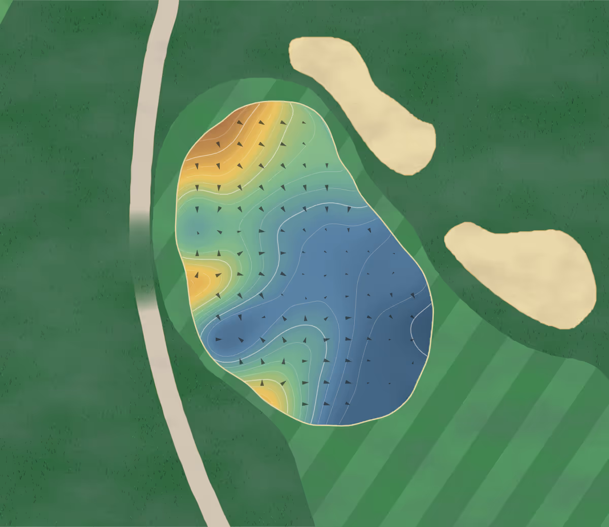 Green contour map of Woodland Cc in Carmel, Indiana — 155 elevation contours at a 3-inch interval with fall-line arrows, traced from 1-meter lidar