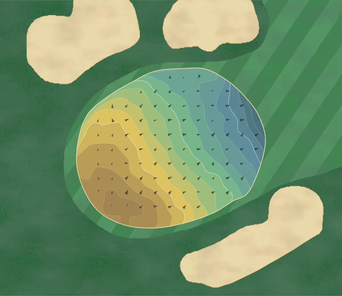 Green contour map of Woodland GC in Auburndale, Massachusetts — 285 elevation contours at a 3-inch interval with fall-line arrows, traced from 1-meter lidar