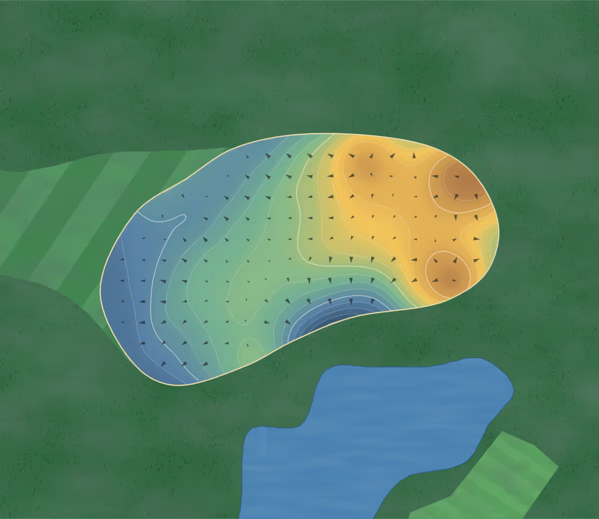 Green contour map of Woodland Golf Club in Cable, Ohio — 212 elevation contours at a 3-inch interval with fall-line arrows, traced from 1-meter lidar