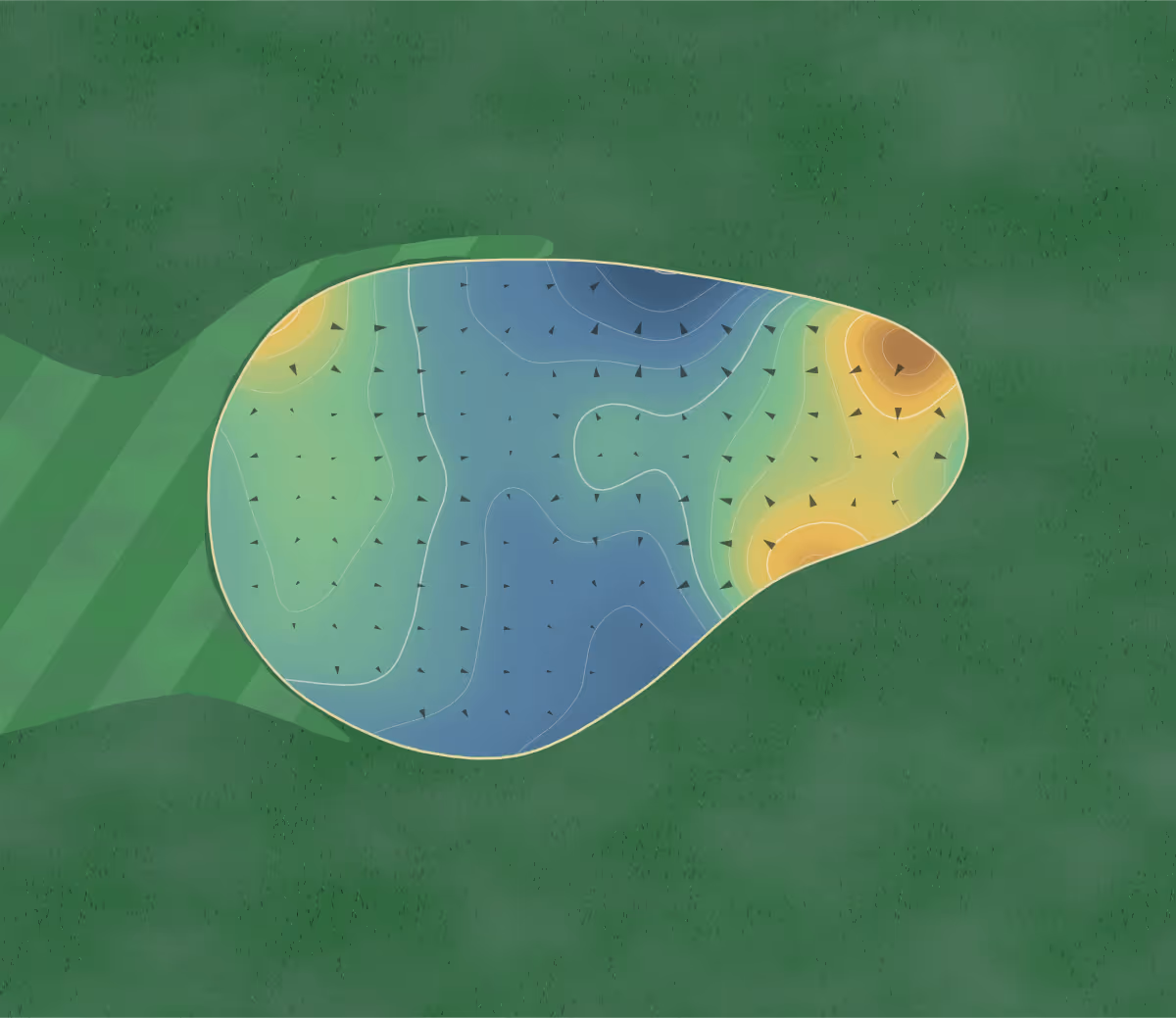 Green contour map of Woodland Hills in Des Moines, Iowa: 159 elevation contours at a 3-inch interval with fall-line arrows, traced from 1-meter lidar
