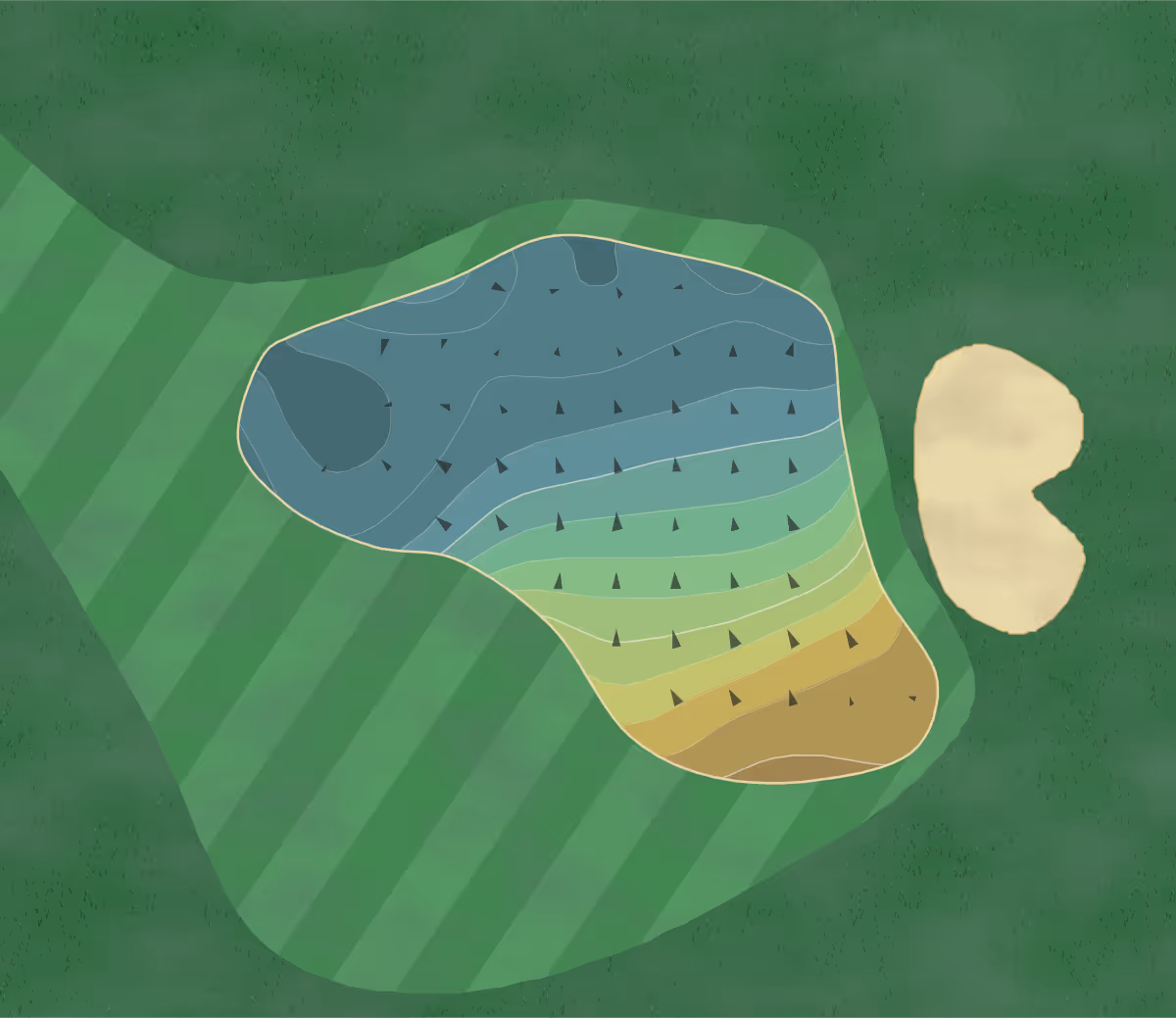 Green contour map of Woodlands Palmer in The Woodlands, Texas — 38 elevation contours at a 3-inch interval with fall-line arrows, traced from 1-meter lidar