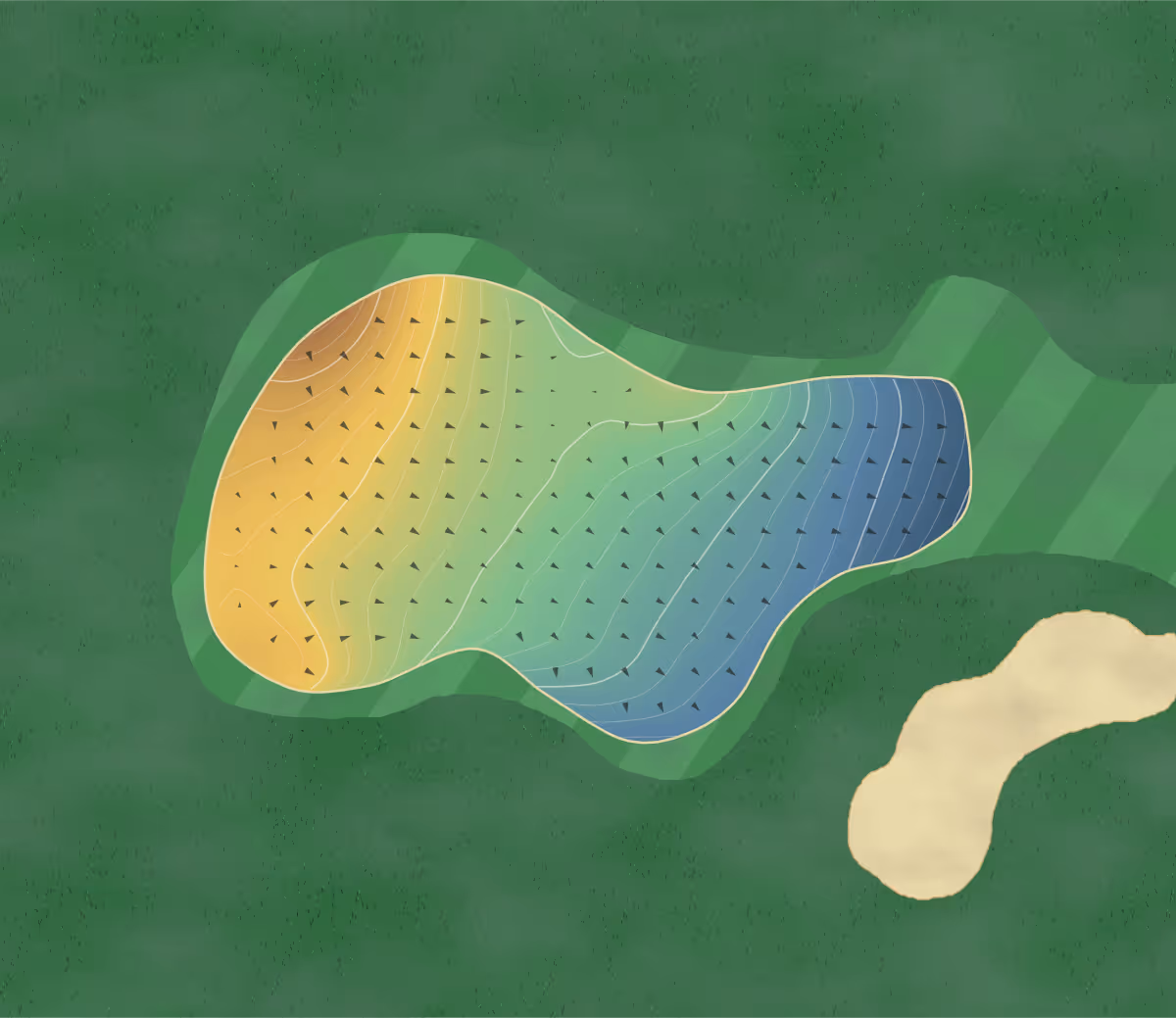 Green contour map of Woodlands Golf and Country Club (1019520) Signature in Bristol, England — 409 elevation contours at a 8-centimeter interval with fall-line arrows, traced from 1-meter lidar