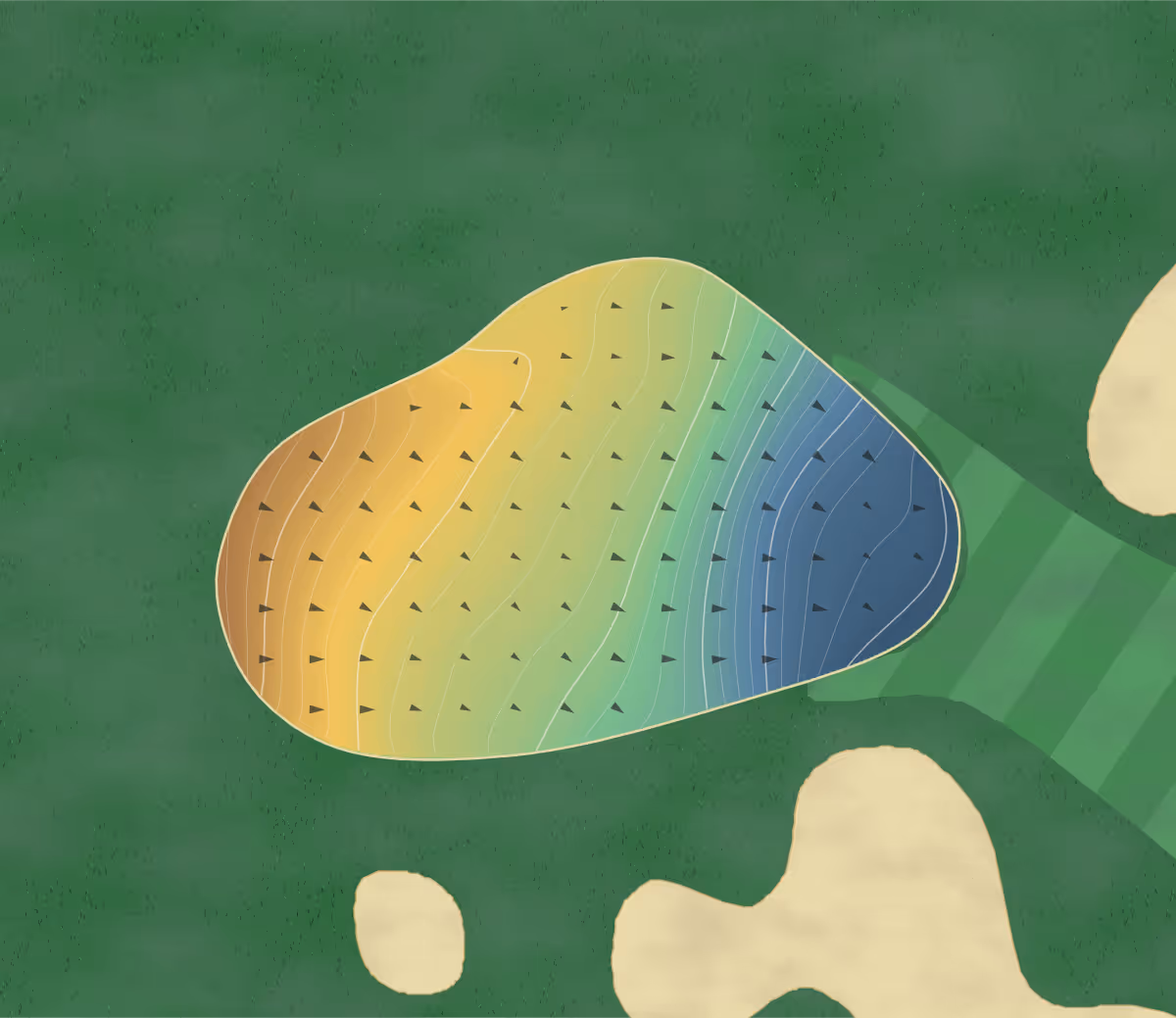Green contour map of Woodside Country Club Jones in Aiken, South Carolina: 205 elevation contours at a 3-inch interval with fall-line arrows, traced from 1-meter lidar