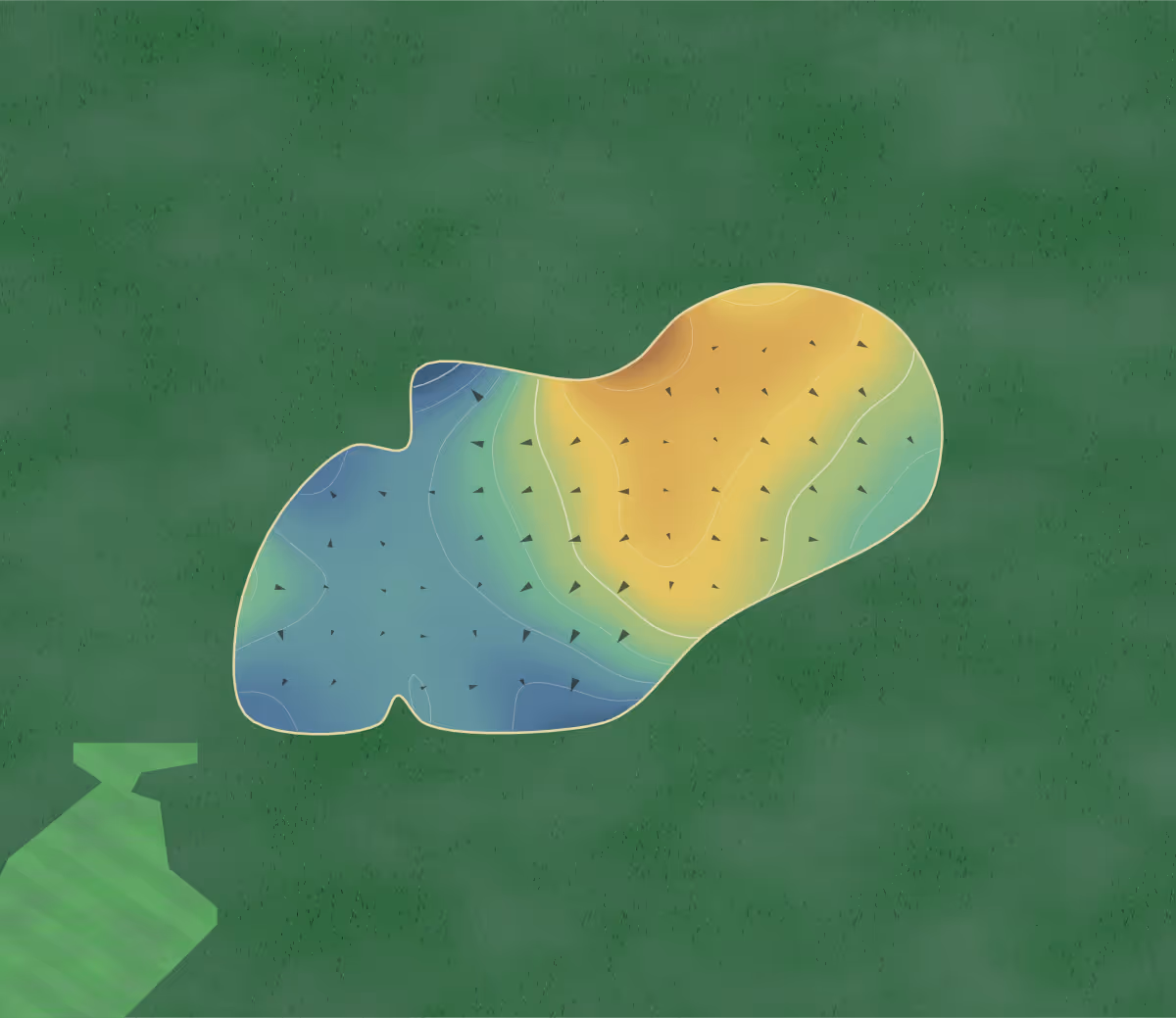 Green contour map of Woodside in Lansing, Michigan — 102 elevation contours at a 3-inch interval with fall-line arrows, traced from 1-meter lidar