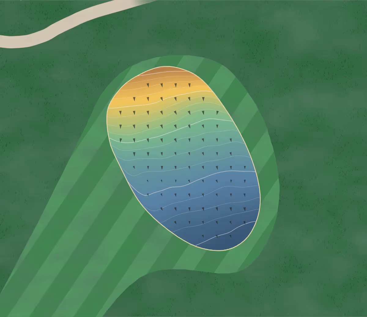 Green contour map of Woodside Greens in Simcoe, Canada — 151 elevation contours at a 8-centimeter interval with fall-line arrows, traced from 1-meter lidar