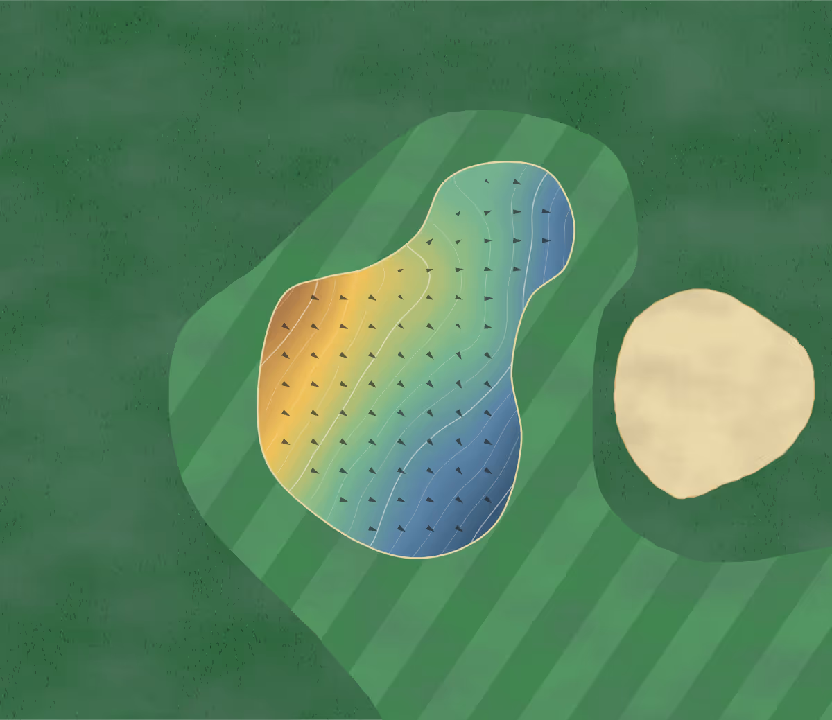 Green contour map of Woodspring in Bristol, England: 100 elevation contours at a 8-centimeter interval with fall-line arrows, traced from 1-meter lidar