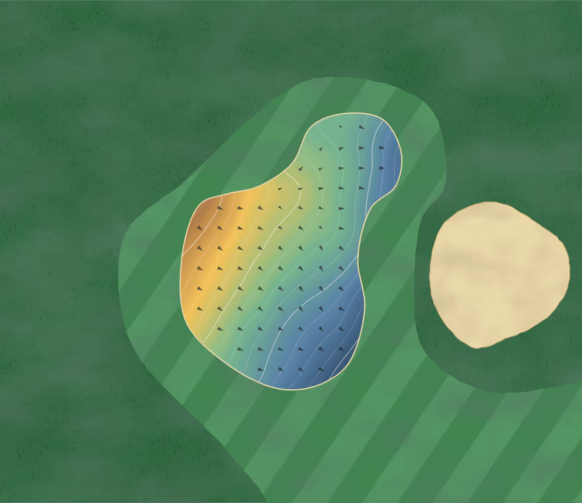 Green contour map of Woodspring in Bristol, England — 100 elevation contours at a 8-centimeter interval with fall-line arrows, traced from 1-meter lidar