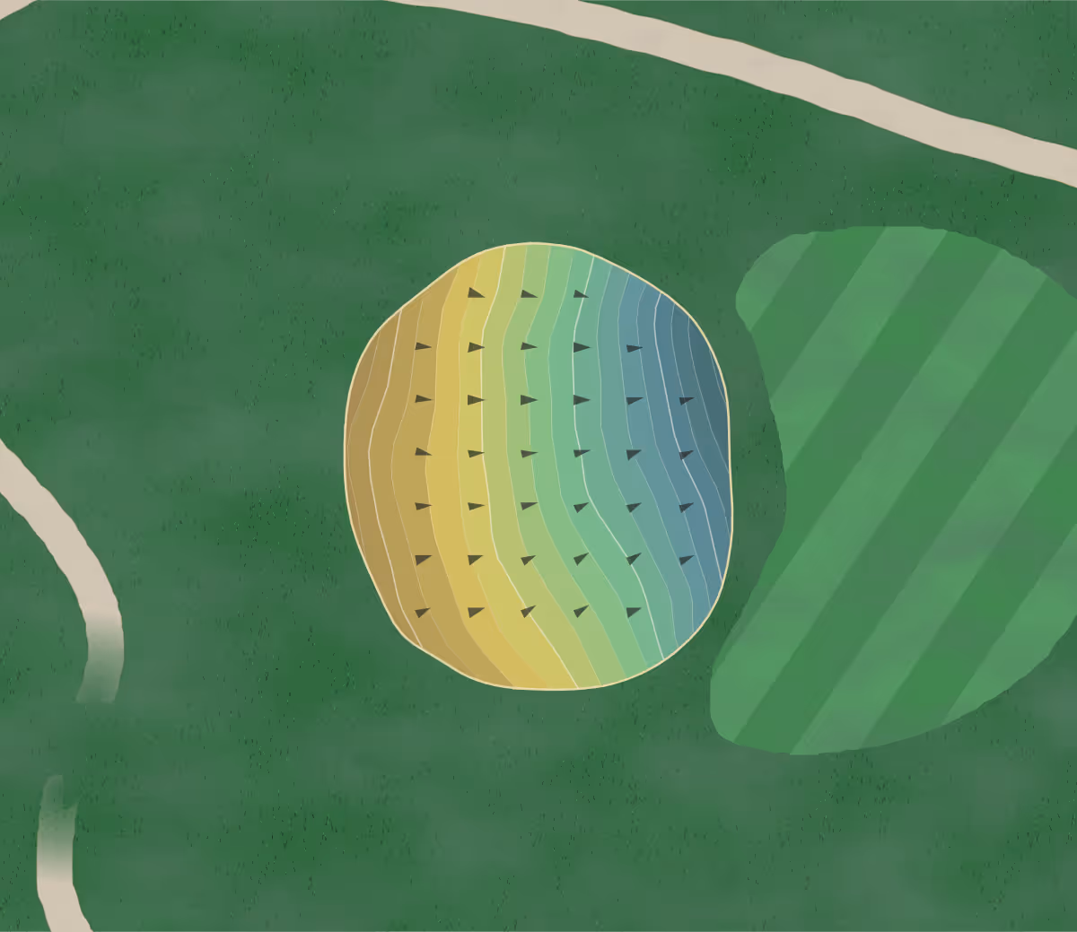 Green contour map of Woodstock GC in South Woodstock, Connecticut — 101 elevation contours at a 3-inch interval with fall-line arrows, traced from 1-meter lidar