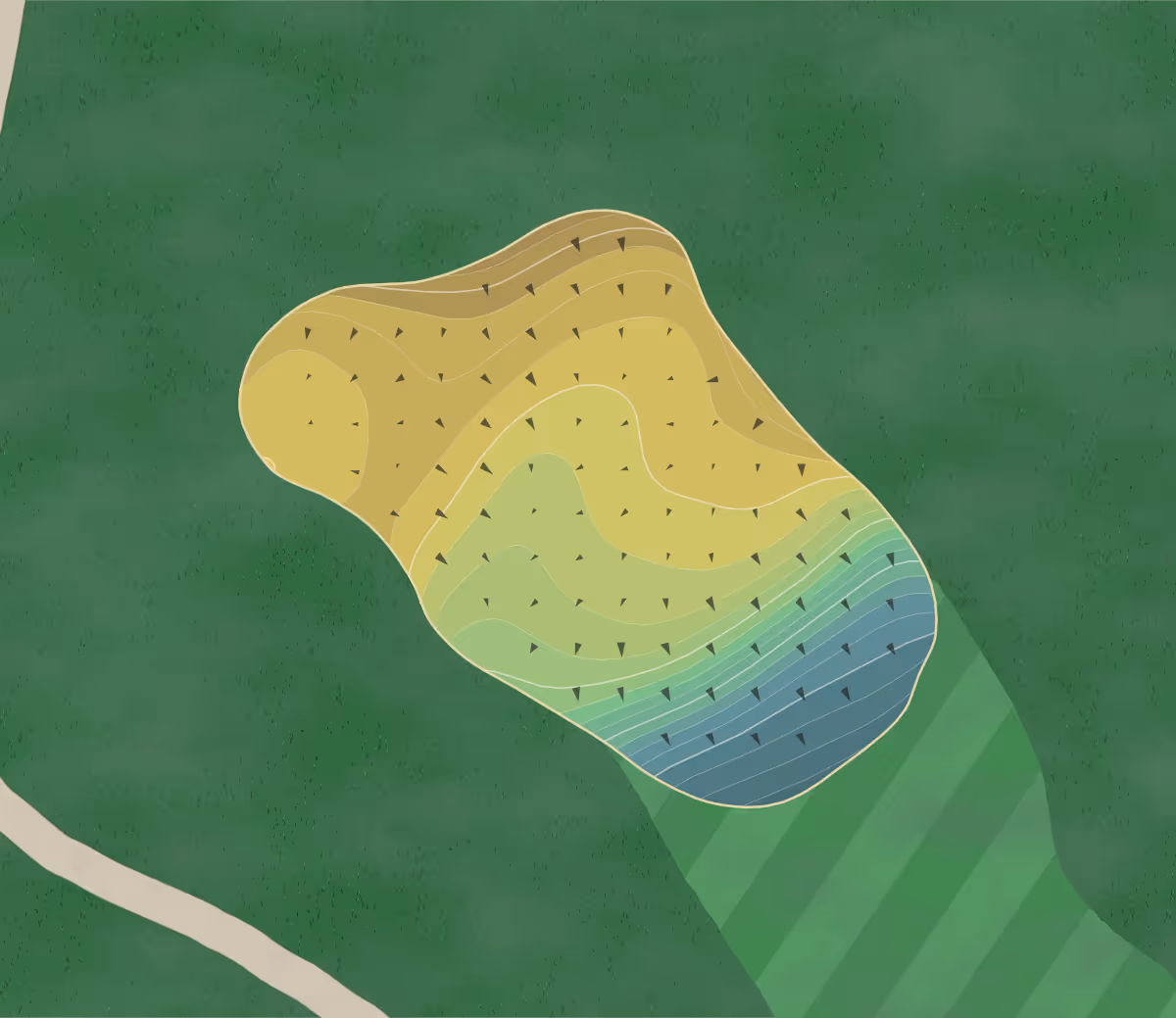 Green contour map of Woodstone GC in Danielsville, Pennsylvania — 224 elevation contours at a 3-inch interval with fall-line arrows, traced from 1-meter lidar