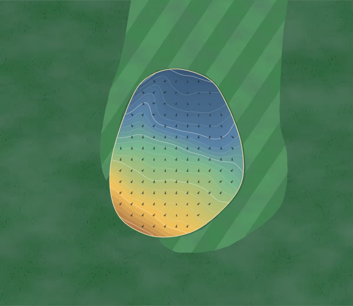 Green contour map of Wooler in Wooler, England: 65 elevation contours at a 8-centimeter interval with fall-line arrows, traced from 1-meter lidar