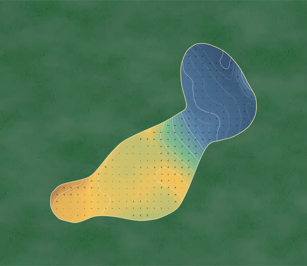 Green contour map of Woolley Park in Wakefield, England — 291 elevation contours at a 8-centimeter interval with fall-line arrows, traced from 1-meter lidar