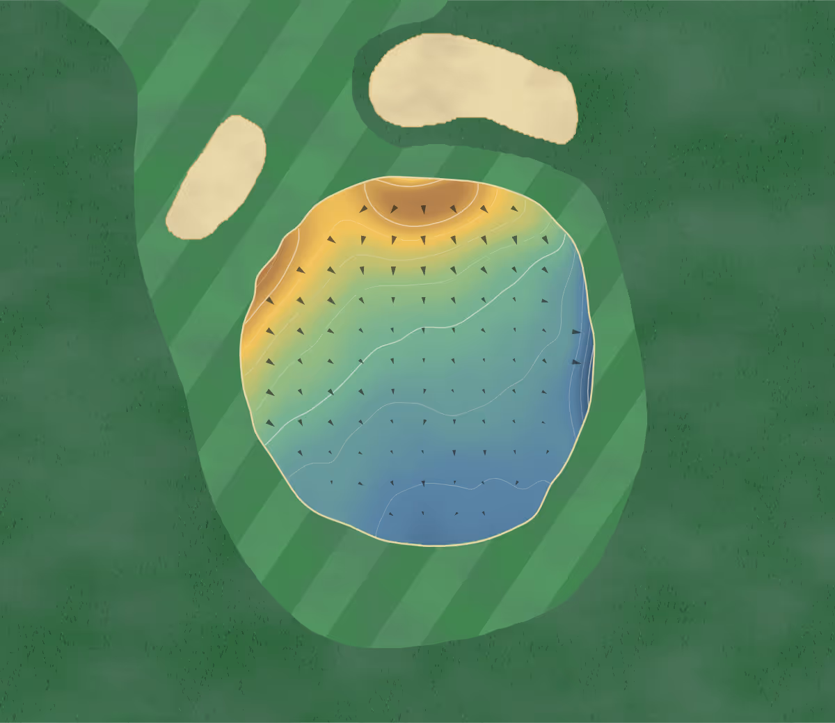 Green contour map of Woolton in Liverpool, England: 150 elevation contours at a 8-centimeter interval with fall-line arrows, traced from 1-meter lidar