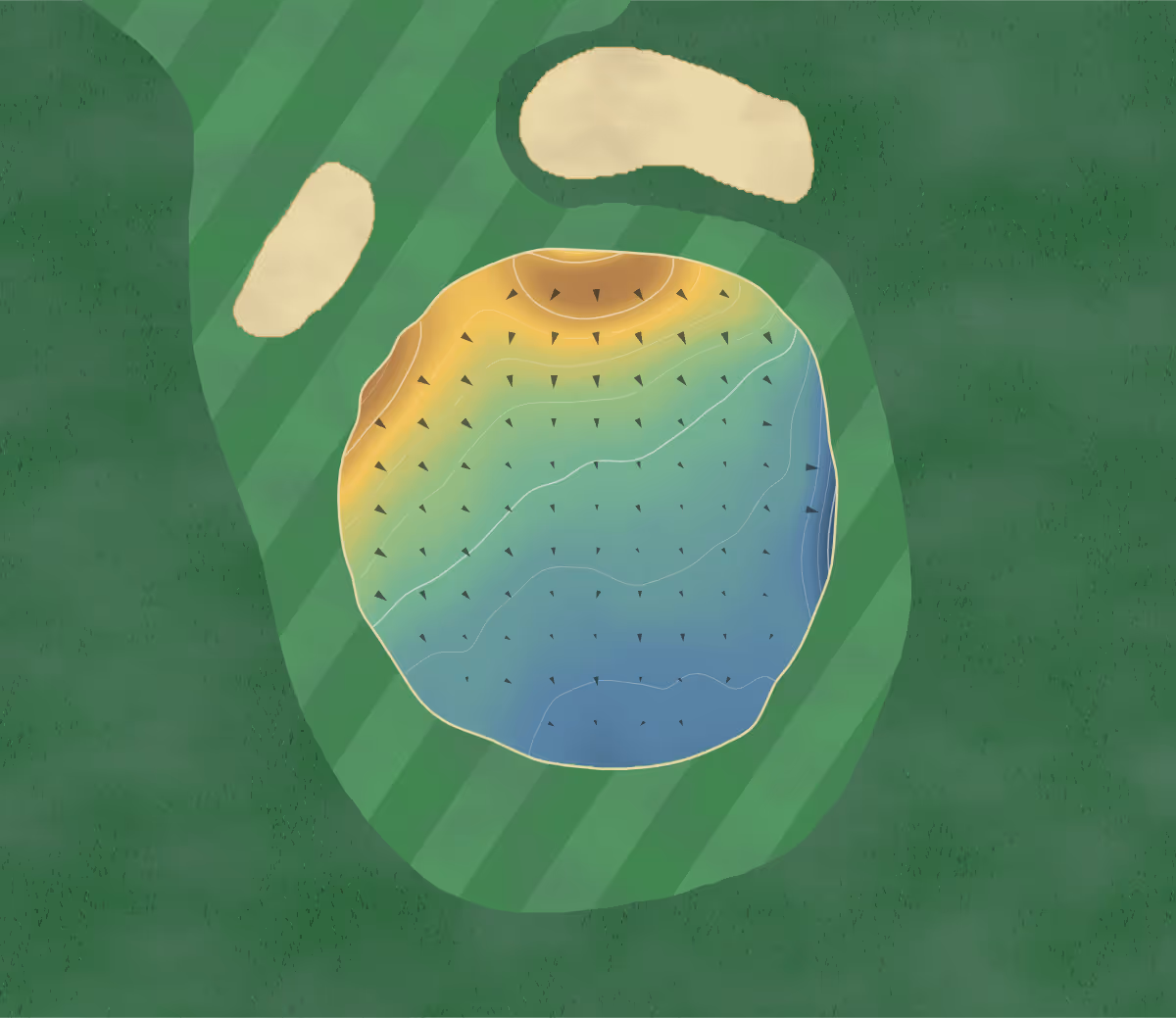 Green contour map of Woolton in Liverpool, England — 140 elevation contours at a 8-centimeter interval with fall-line arrows, traced from 1-meter lidar