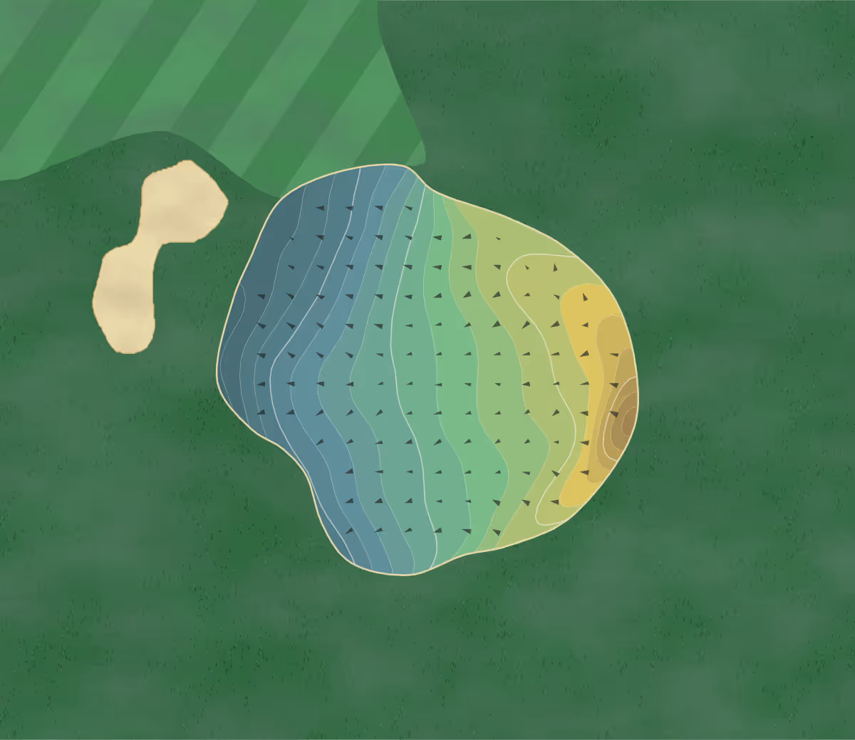 Green contour map of Worldham GC in Alton, England — 228 elevation contours at a 8-centimeter interval with fall-line arrows, traced from 1-meter lidar