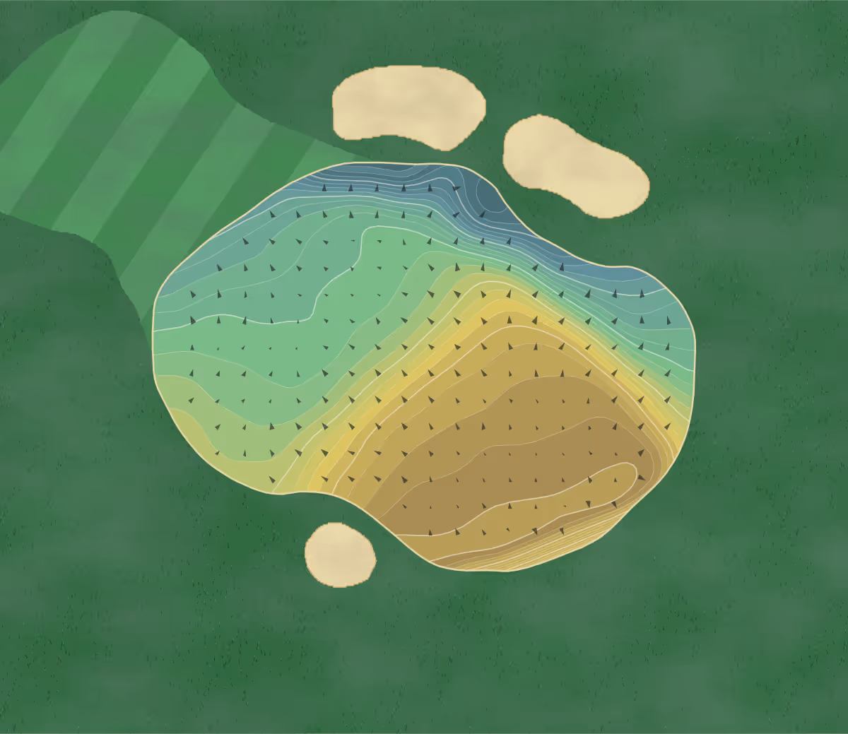 Green contour map of Worlebury GC in Weston-Super-Mare, England — 235 elevation contours at a 8-centimeter interval with fall-line arrows, traced from 1-meter lidar