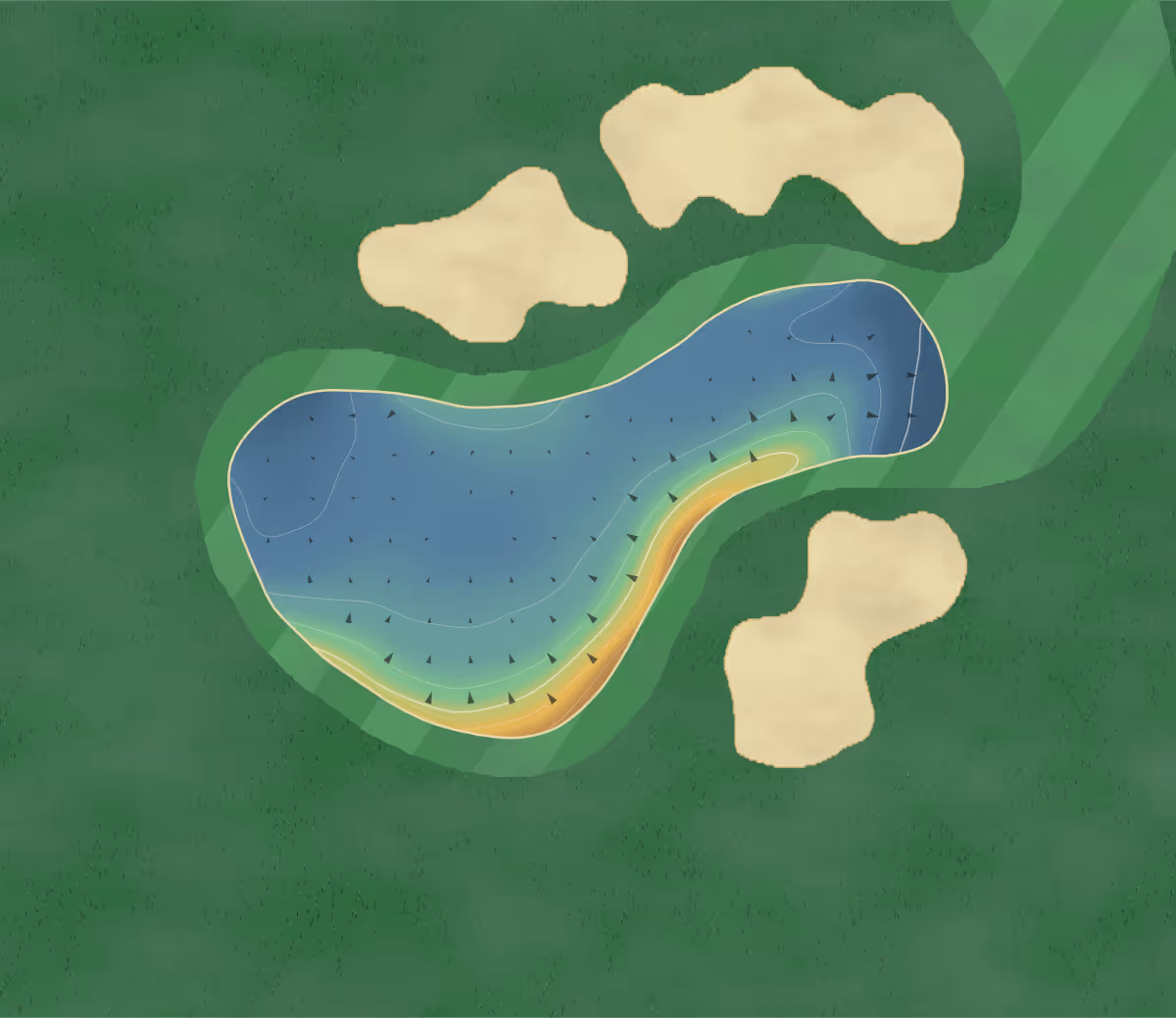 Green contour map of Worplesdon in Woking, England — 10 elevation contours at a 8-centimeter interval with fall-line arrows, traced from 1-meter lidar