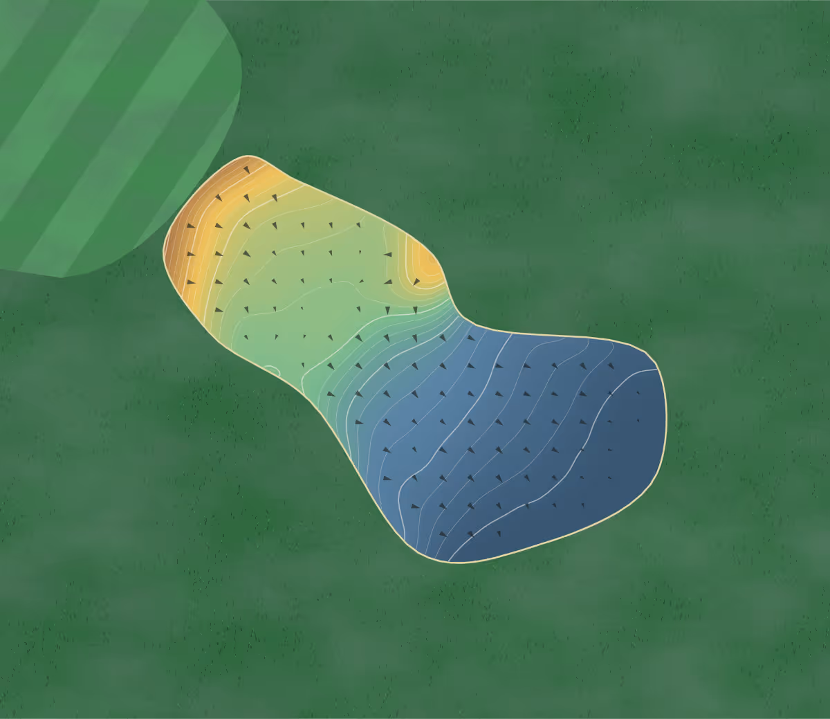 Green contour map of Worthing in Worthing, England: 300 elevation contours at a 8-centimeter interval with fall-line arrows, traced from 1-meter lidar