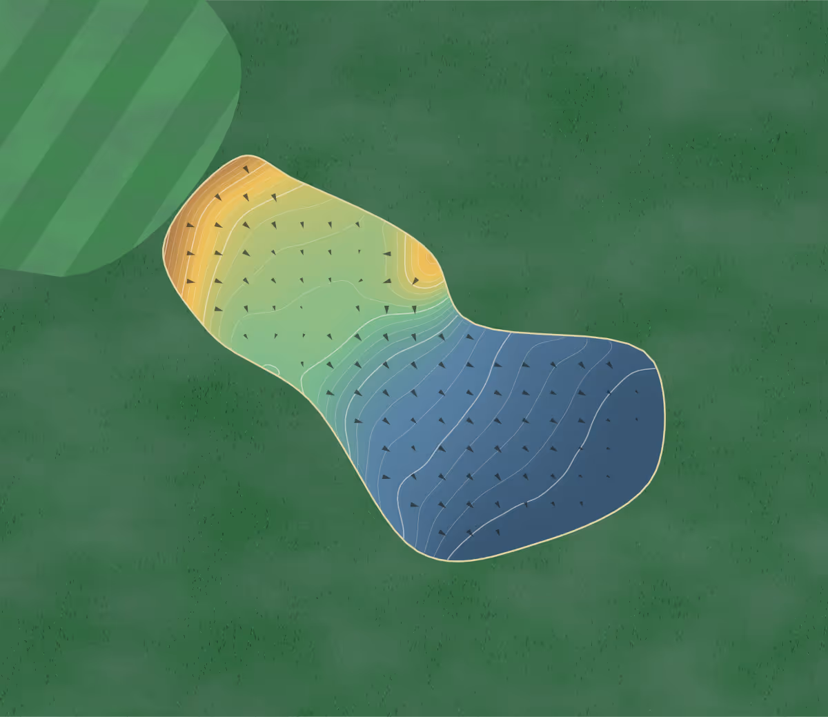 Green contour map of Worthing in Worthing, England — 300 elevation contours at a 8-centimeter interval with fall-line arrows, traced from 1-meter lidar