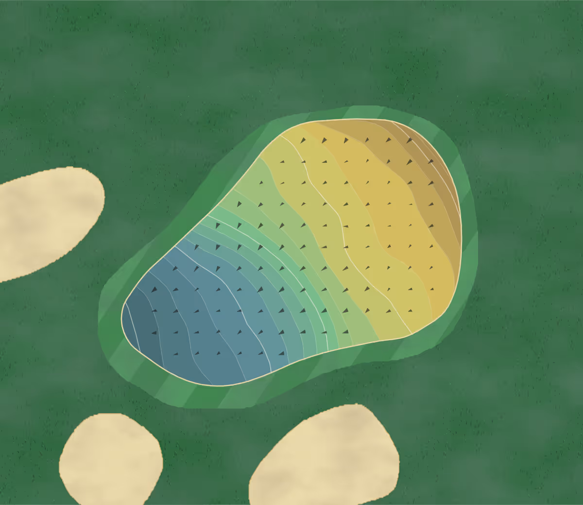 Green contour map of Wrag Barn in Swindon, England — 157 elevation contours at a 8-centimeter interval with fall-line arrows, traced from 1-meter lidar
