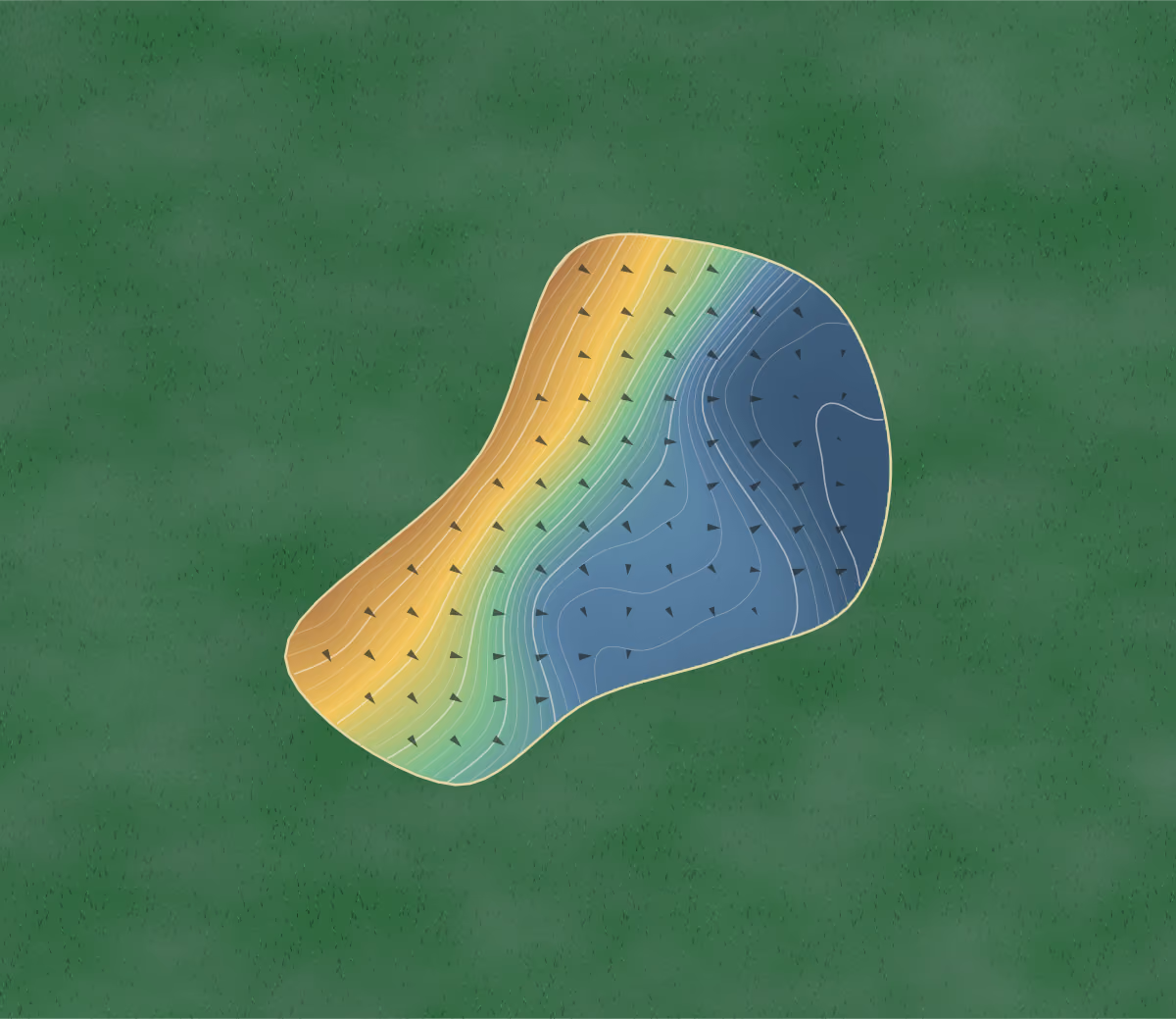 Green contour map of Wrangaton in Newton Abbot, England: 262 elevation contours at a 8-centimeter interval with fall-line arrows, traced from 1-meter lidar