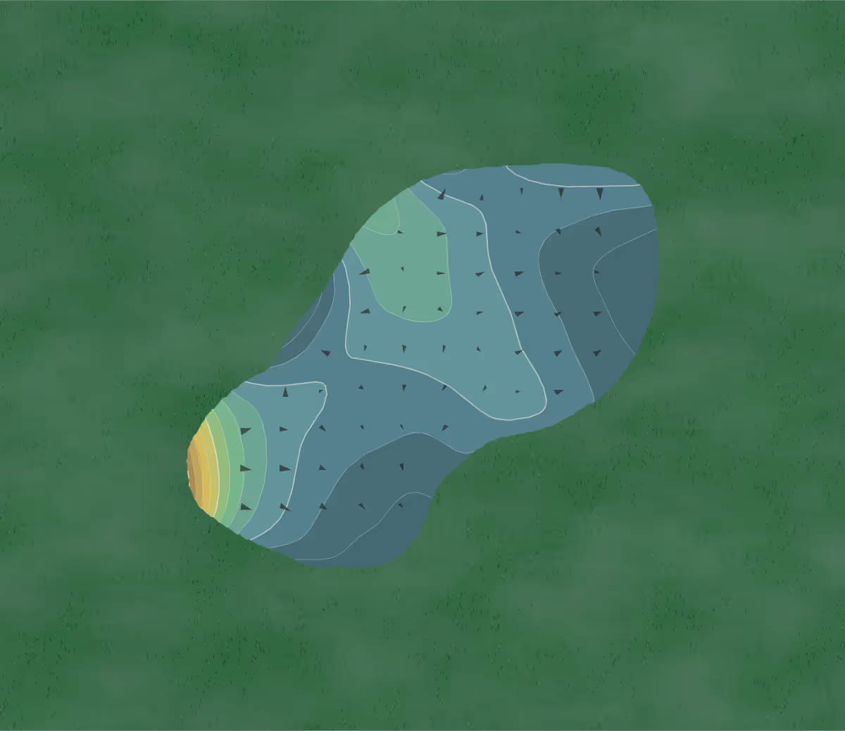 Green contour map of Wright Park in Greenville, Texas — 38 elevation contours at a 3-inch interval with fall-line arrows, traced from 1-meter lidar