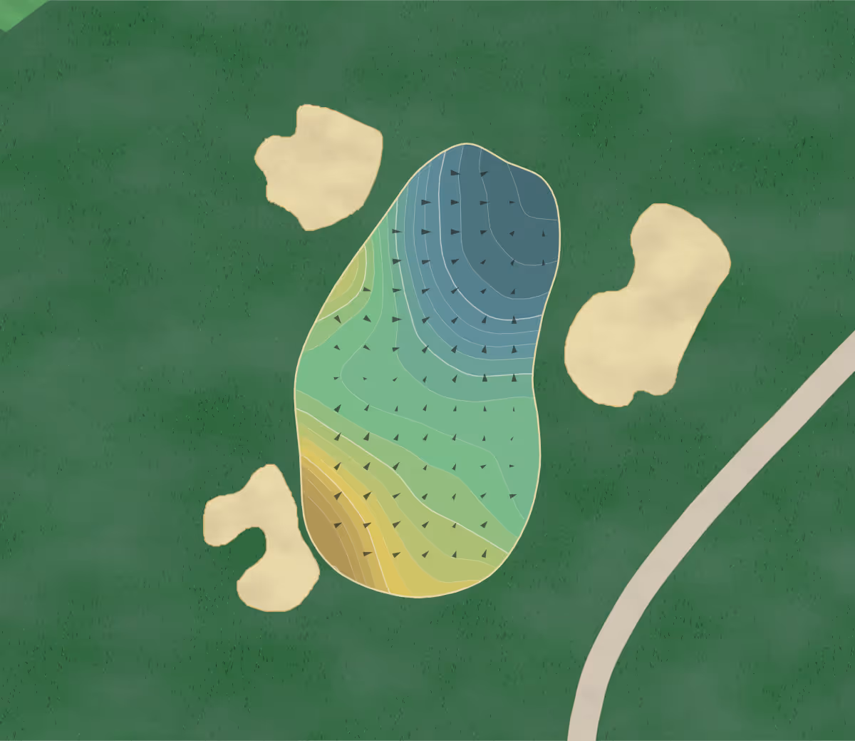 Green contour map of Wuskowhan Players in West Olive, Michigan — 207 elevation contours at a 3-inch interval with fall-line arrows, traced from 1-meter lidar