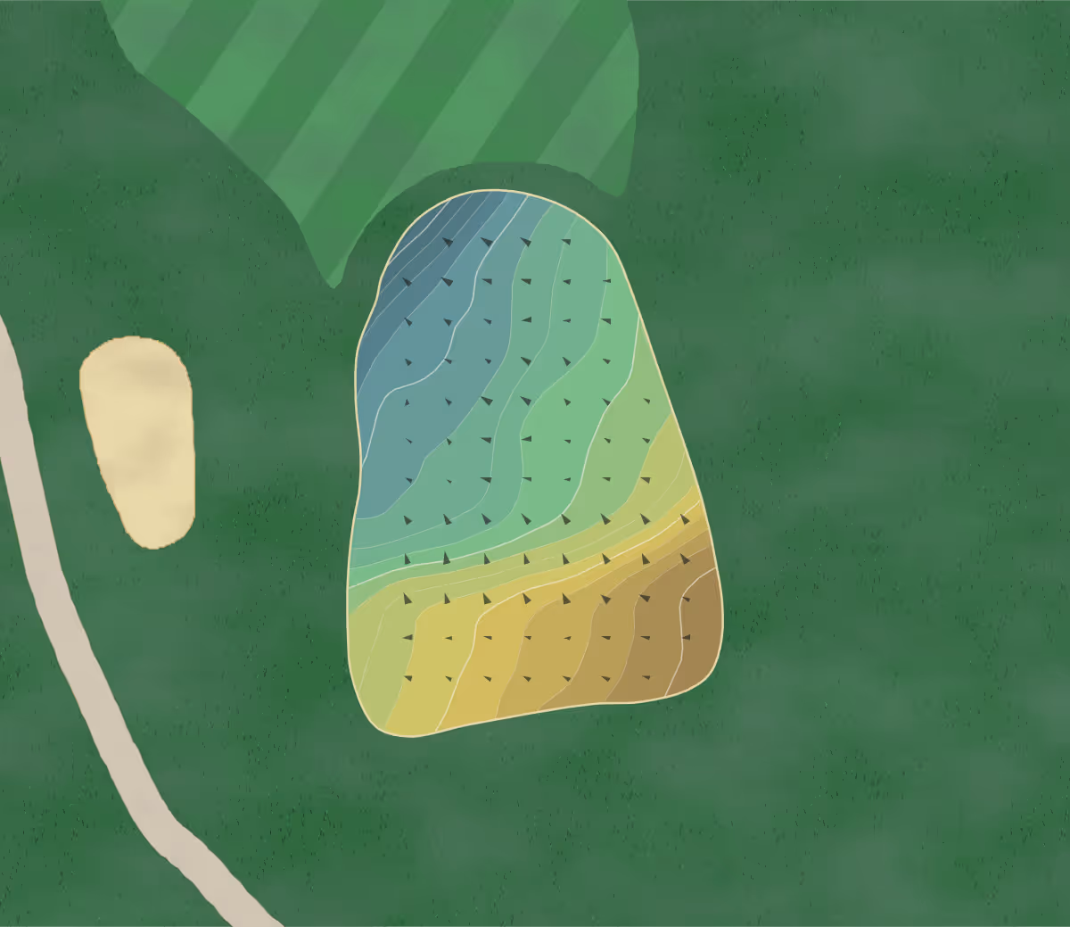 Green contour map of Wyantenuck CC in Great Barrington, Massachusetts — 203 elevation contours at a 3-inch interval with fall-line arrows, traced from 1-meter lidar