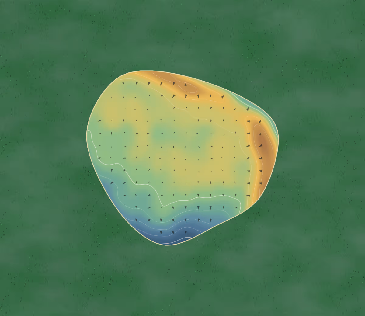Green contour map of Wyboston Lakes in Bedford, England: 22 elevation contours at a 8-centimeter interval with fall-line arrows, traced from 1-meter lidar