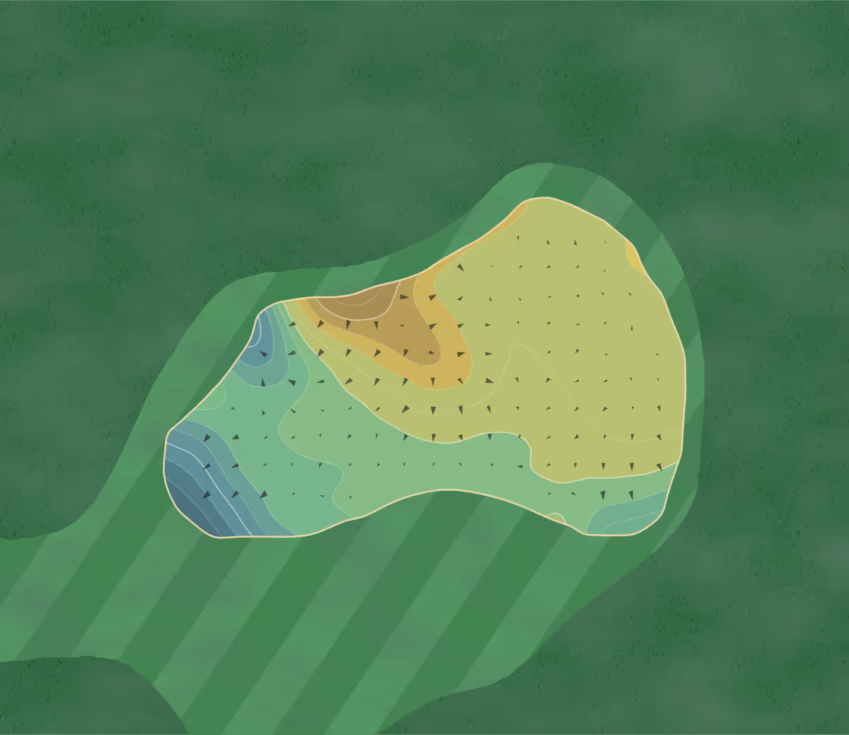 Green contour map of Wychwood GC in Oxfordshire, England — 93 elevation contours at a 8-centimeter interval with fall-line arrows, traced from 1-meter lidar