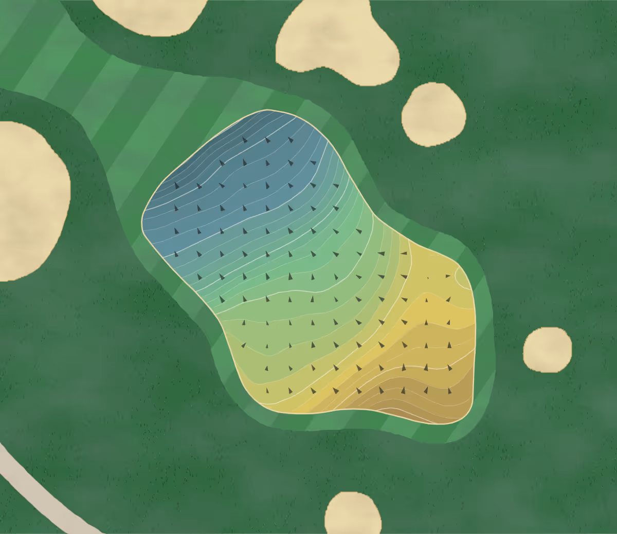 Green contour map of Wyndgate in Rochester Hills, Michigan — 384 elevation contours at a 3-inch interval with fall-line arrows, traced from 1-meter lidar