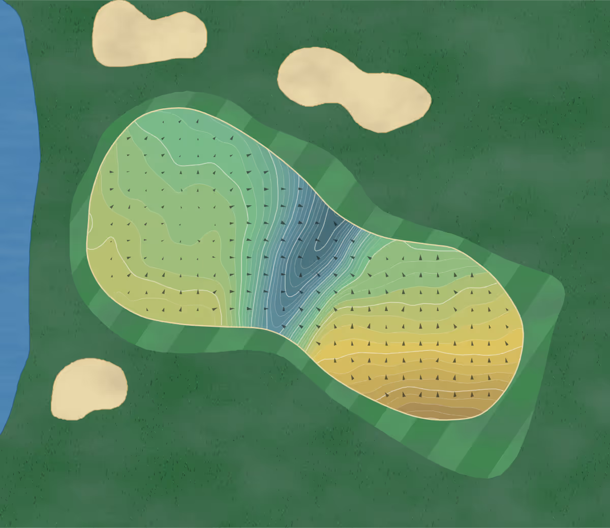 Green contour map of Yale GC in New Haven, Connecticut — 338 elevation contours at a 3-inch interval with fall-line arrows, traced from 1-meter lidar