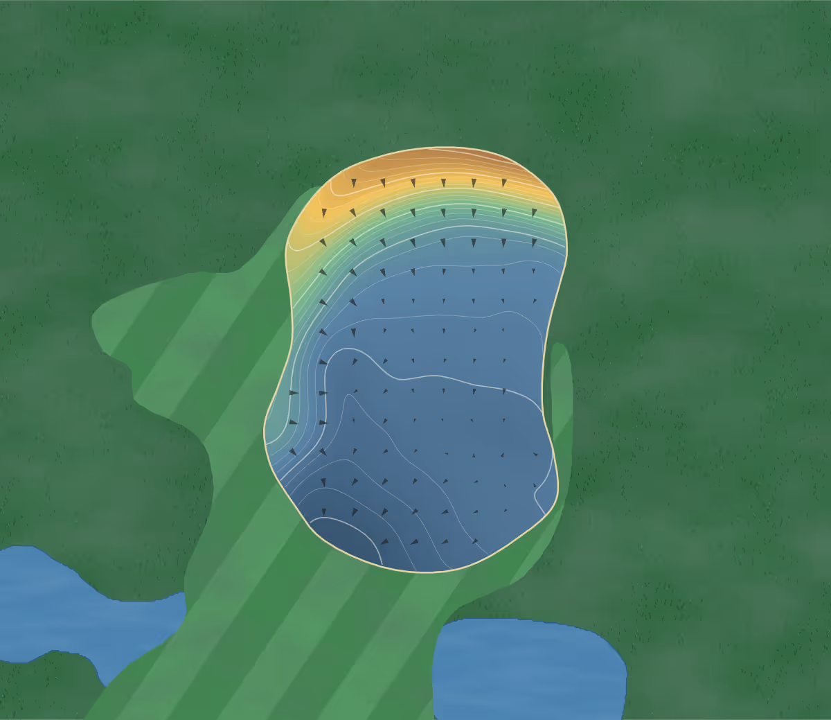 Green contour map of Yarmouth Links in Yarmouth, Canada: 257 elevation contours at a 8-centimeter interval with fall-line arrows, traced from 1-meter lidar