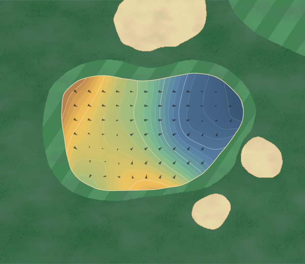 Green contour map of Yarrawonga Mulwala in Mulwala, Australia — 486 elevation contours at a 8-centimeter interval with fall-line arrows, traced from 1-meter lidar