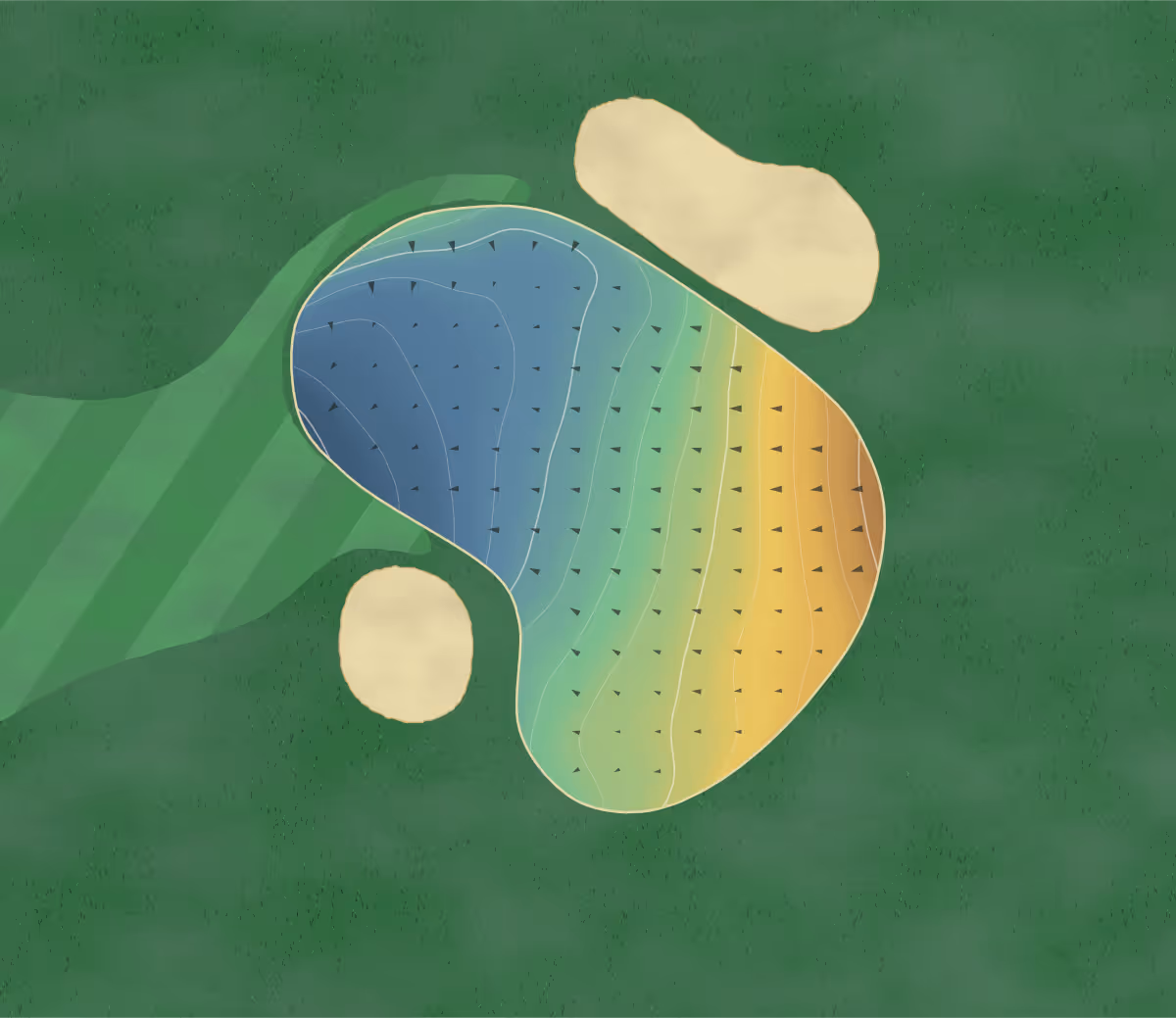 Green contour map of Yegen Golf Club in Billings, Montana: 207 elevation contours at a 3-inch interval with fall-line arrows, traced from 1-meter lidar