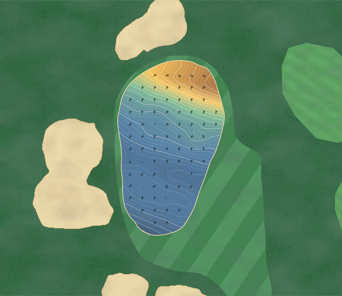 Green contour map of York Downs in Unionville, Canada — 224 elevation contours at a 8-centimeter interval with fall-line arrows, traced from 1-meter lidar