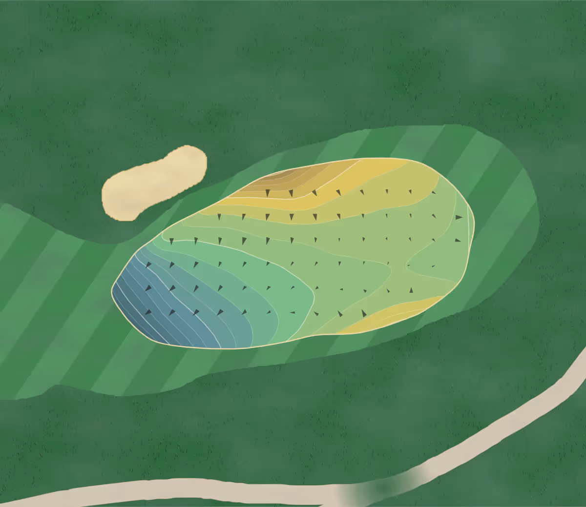 Green contour map of York GC in Worthington, Ohio — 304 elevation contours at a 3-inch interval with fall-line arrows, traced from 1-meter lidar
