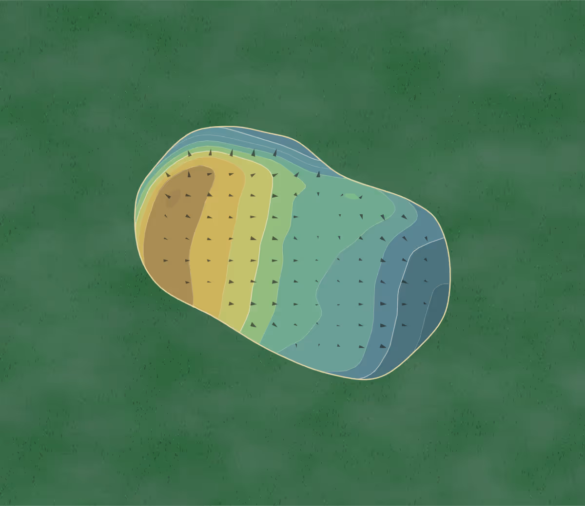 Green contour map of York Golf in York, England — 124 elevation contours at a 8-centimeter interval with fall-line arrows, traced from 1-meter lidar